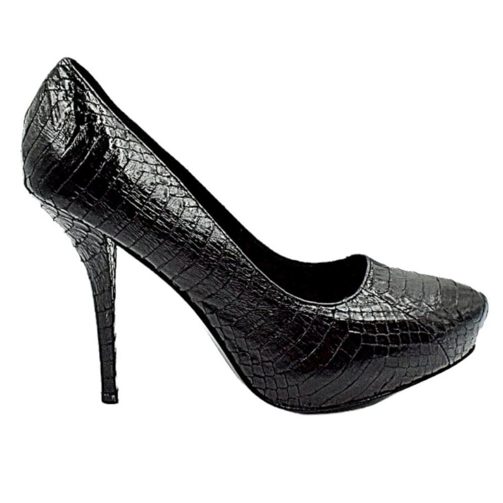 Elizabeth and James "Mazi" Black Snake Skin Platform Heels